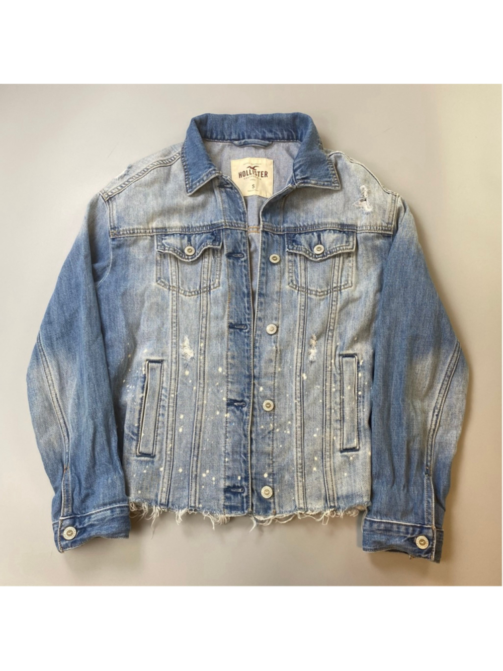 Hollister Jean Jacket Womens Small Blue Distressed Paint Splatter Grunge SoCal
